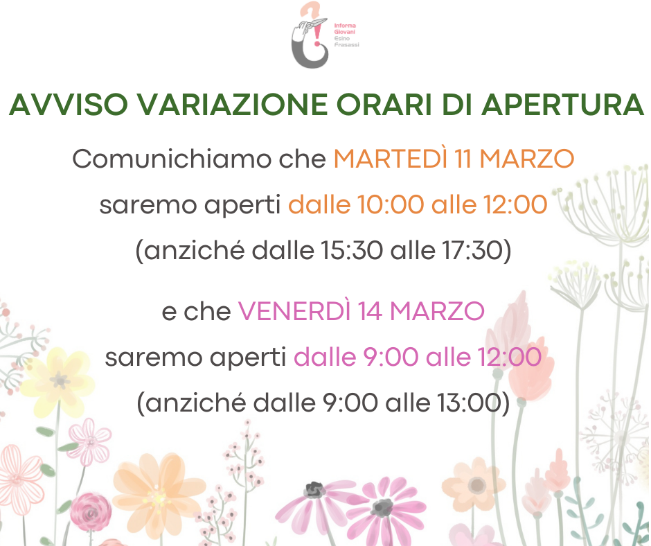 Avviso variazione orario di apertura Informagiovani Fabriano – martedì 11 e venerdì 14 marzo 2025