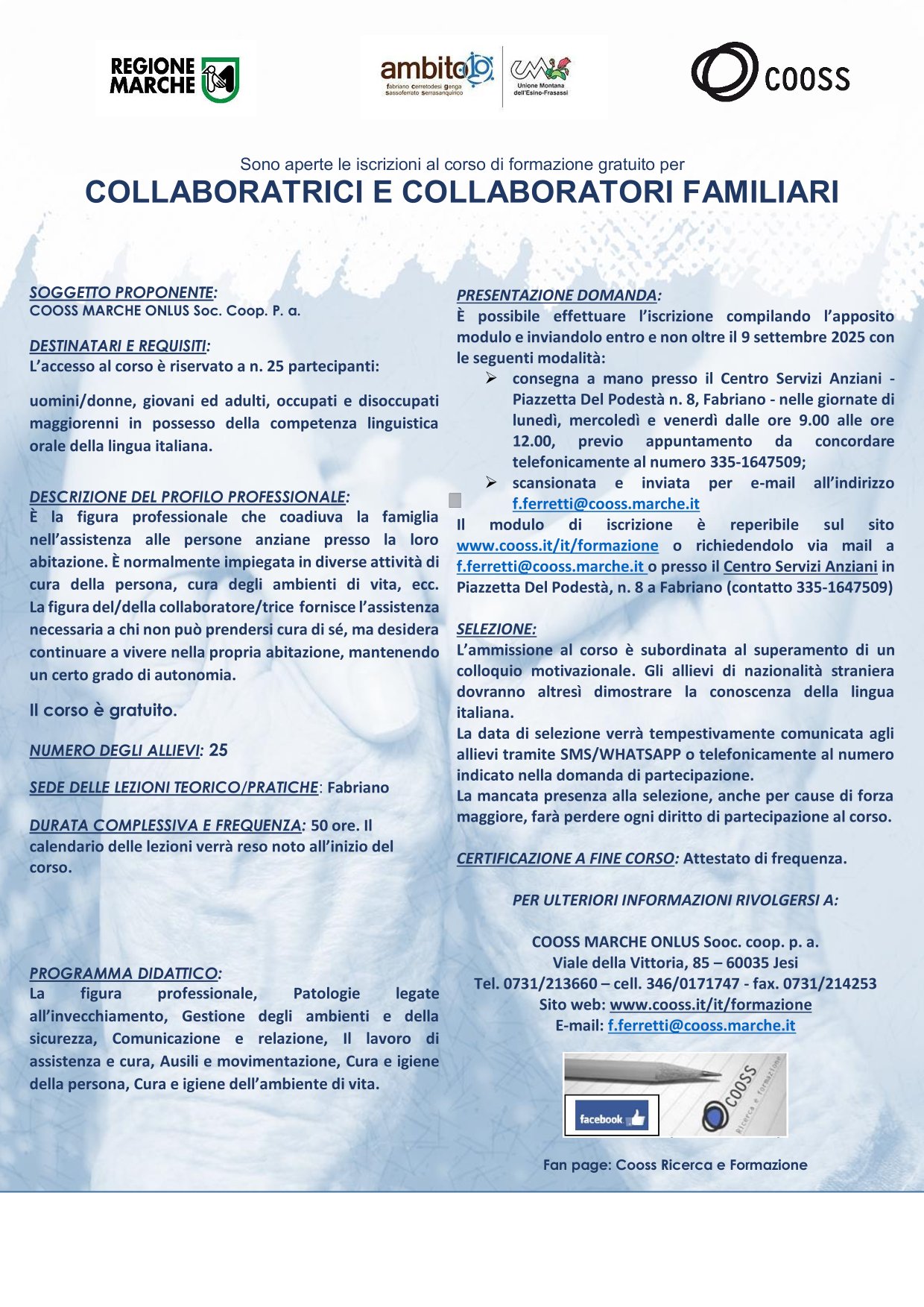Corso gratuito per COLLABORATRICI E COLLABORATORI FAMILIARI – Fabriano (AN)