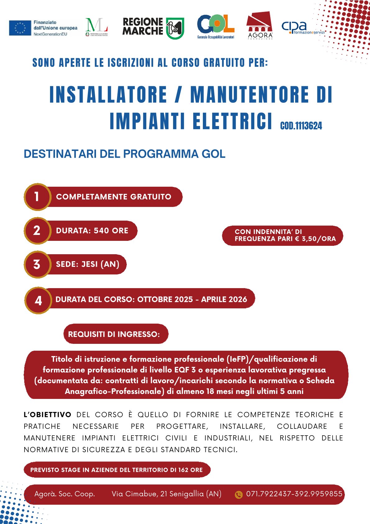 Corso gratuito Programma GOL “INSTALLATORE E MANUTENTORE DI IMPIANTI ELETTRICI” – Jesi (AN)